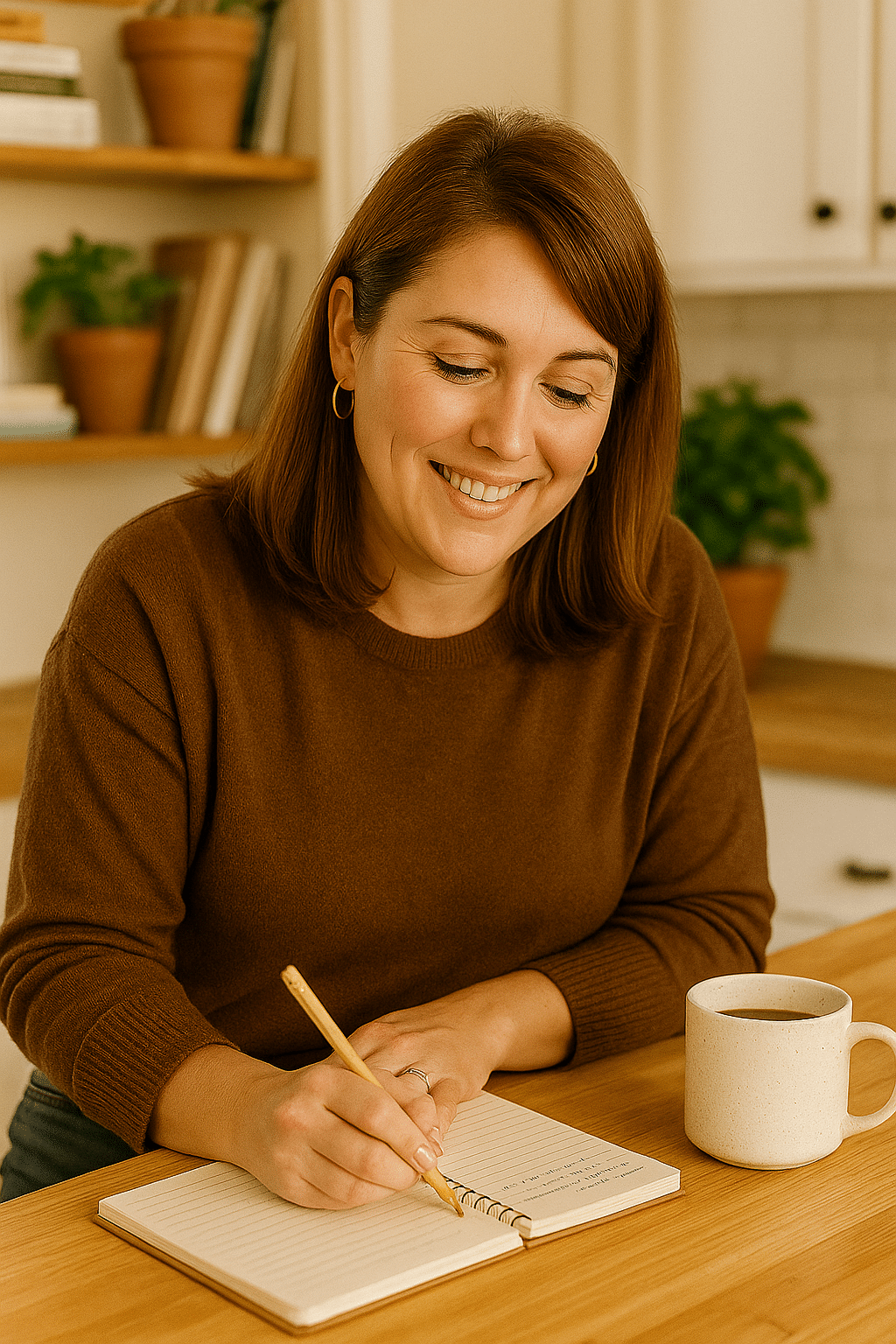 Emma Shopping for Seasonal Ingredients Emma Blake writing recipe ideas in a kitchen notebook next to her coffee