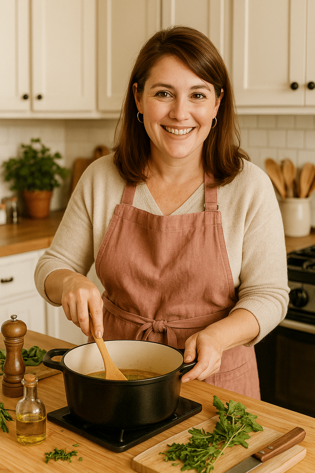 Emma Cooking in Her Austin Kitchen Emma Blake stirring soup in a cozy kitchen wearing a soft pink apron
