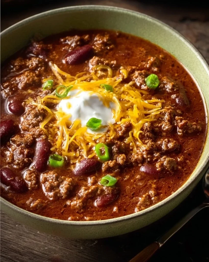 Bowl of award-winning chili recipe garnished with herbs and served with cornbread