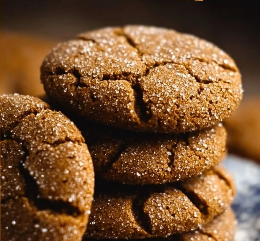 Delicious bakery style molasses cookies on a plate with a rustic backdrop.