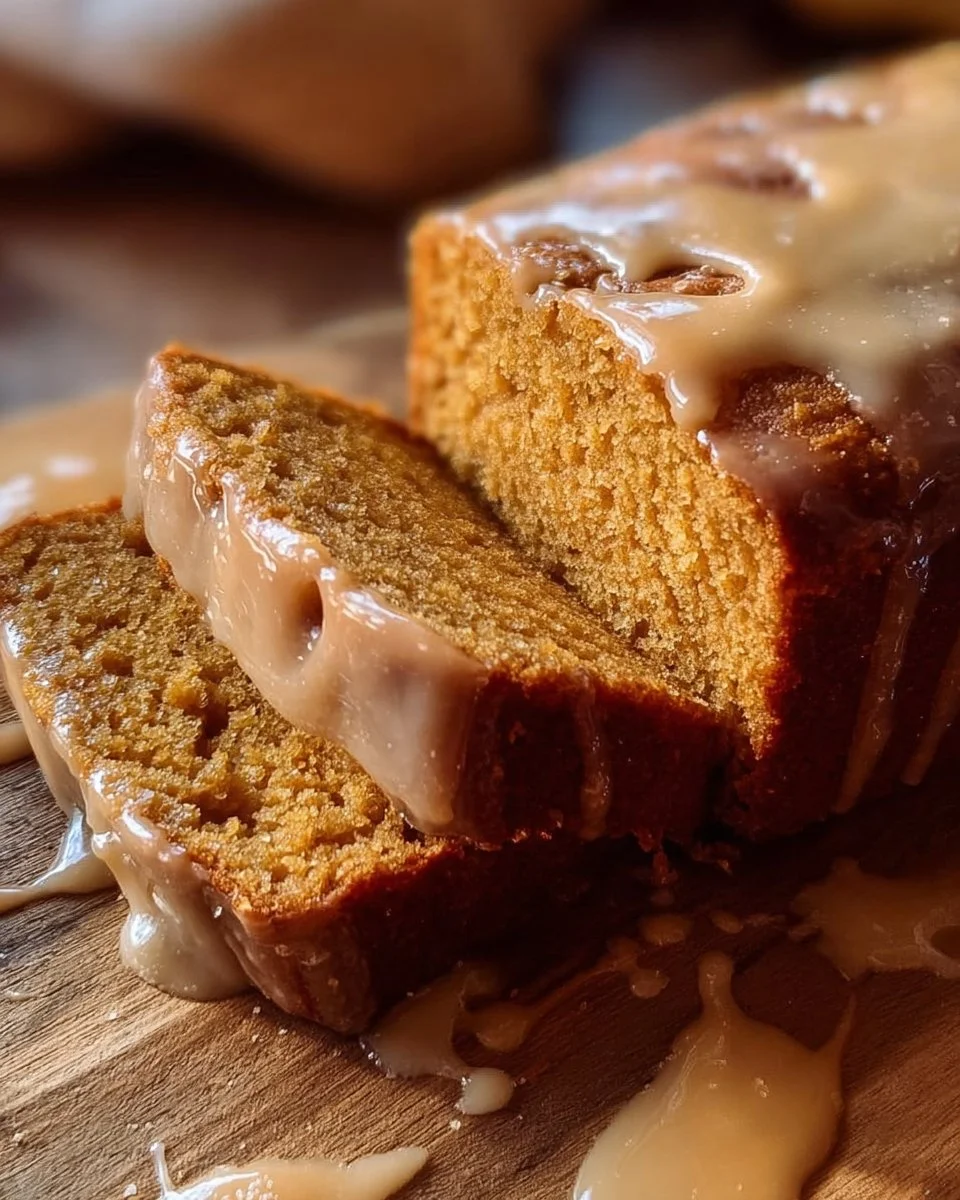 Brown Butter Pumpkin Bread with Salted Maple Glaze served on a wooden table