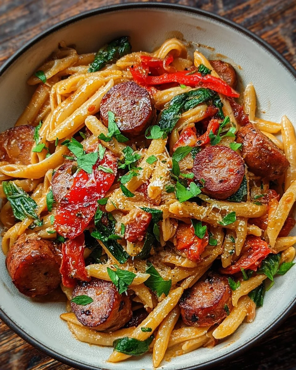 A delicious serving of Cajun sausage pasta garnished with parsley.