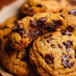 Chewy pumpkin chocolate chip cookies baked golden brown, topped with chocolate chips.