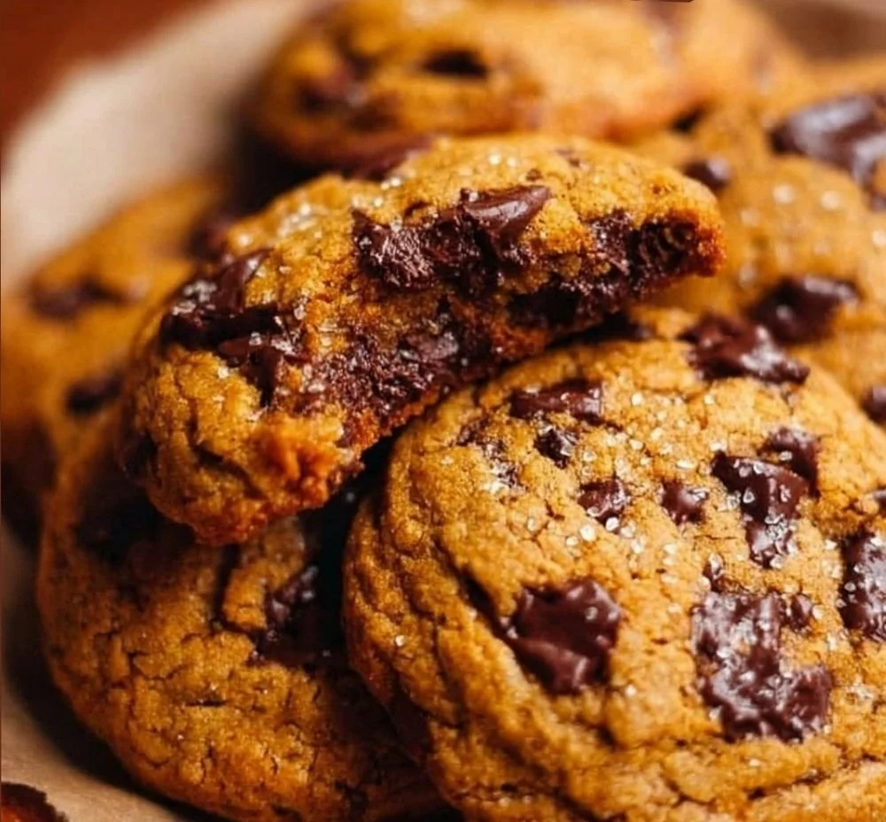 Chewy pumpkin chocolate chip cookies baked golden brown, topped with chocolate chips.
