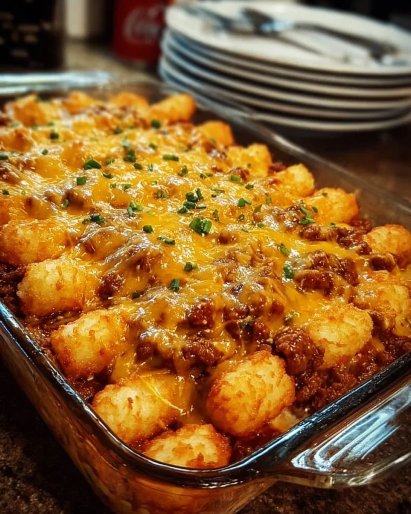 Delicious Chili Cheese Tater Tot Casserole topped with cheese and spices.