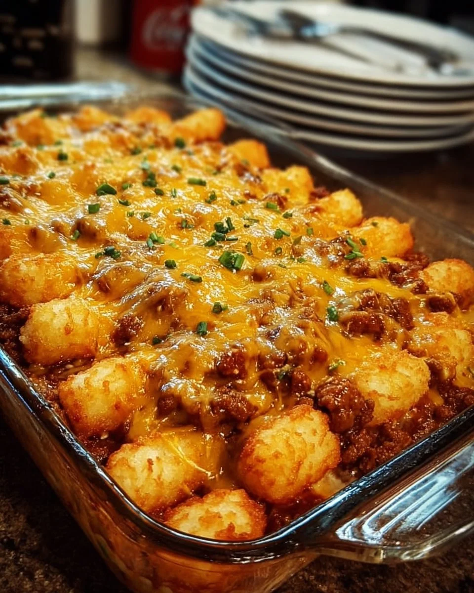 Delicious Chili Cheese Tater Tot Casserole topped with cheese and spices.