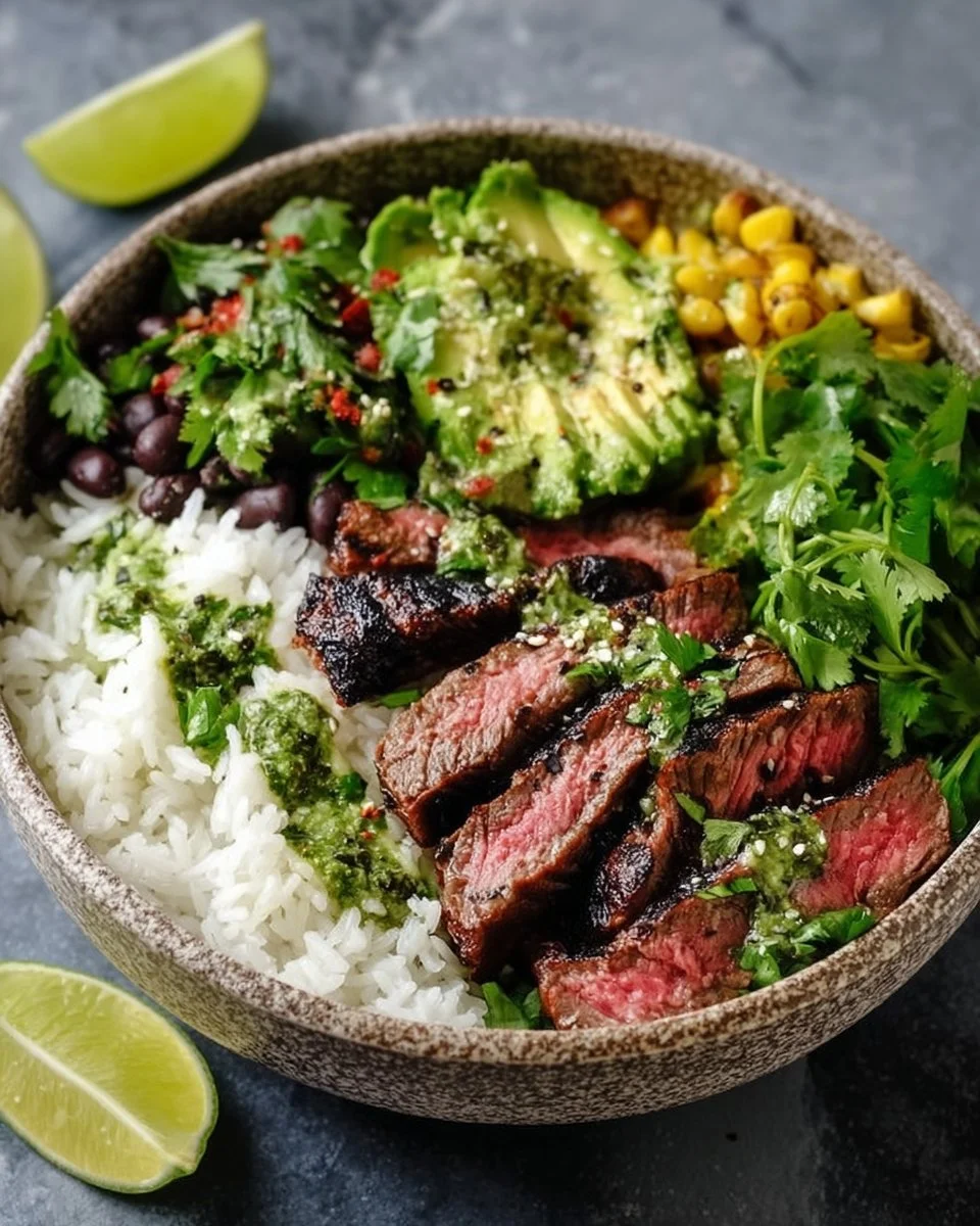 Cilantro lime steak bowls with fresh ingredients and vibrant colors