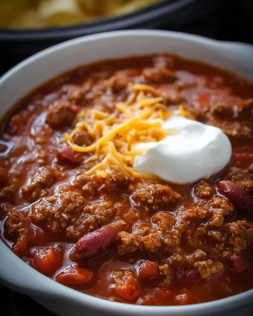 Bowl of classic homemade chili topped with cheese and herbs