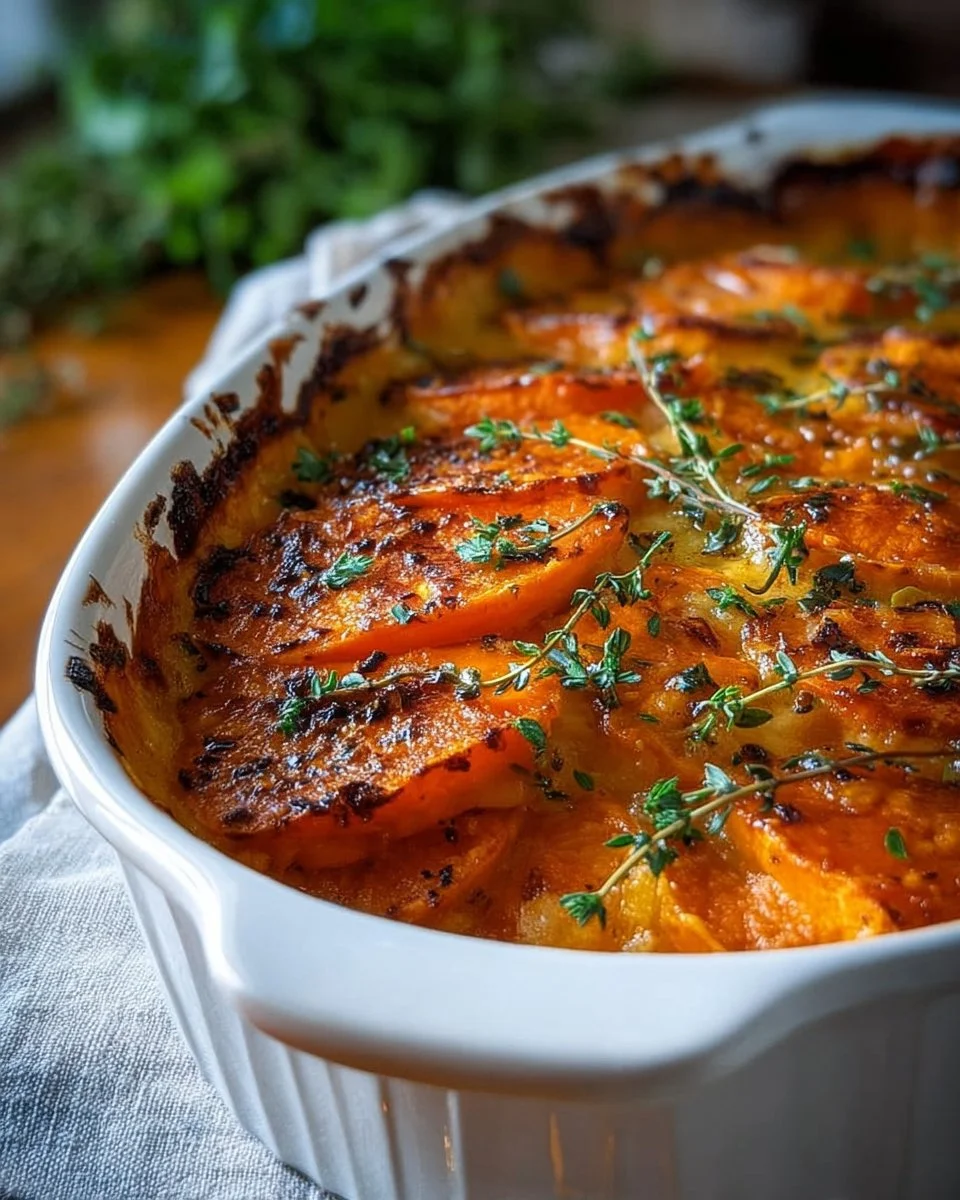 Creamy garlic butter sweet potato bake dish served in a bowl
