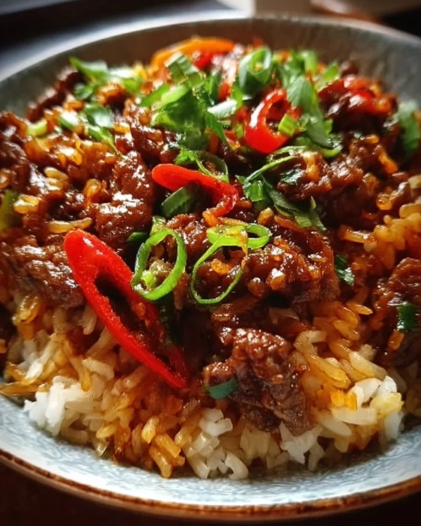 Crispy Chilli Beef Rice with colorful vegetables and enticing spices