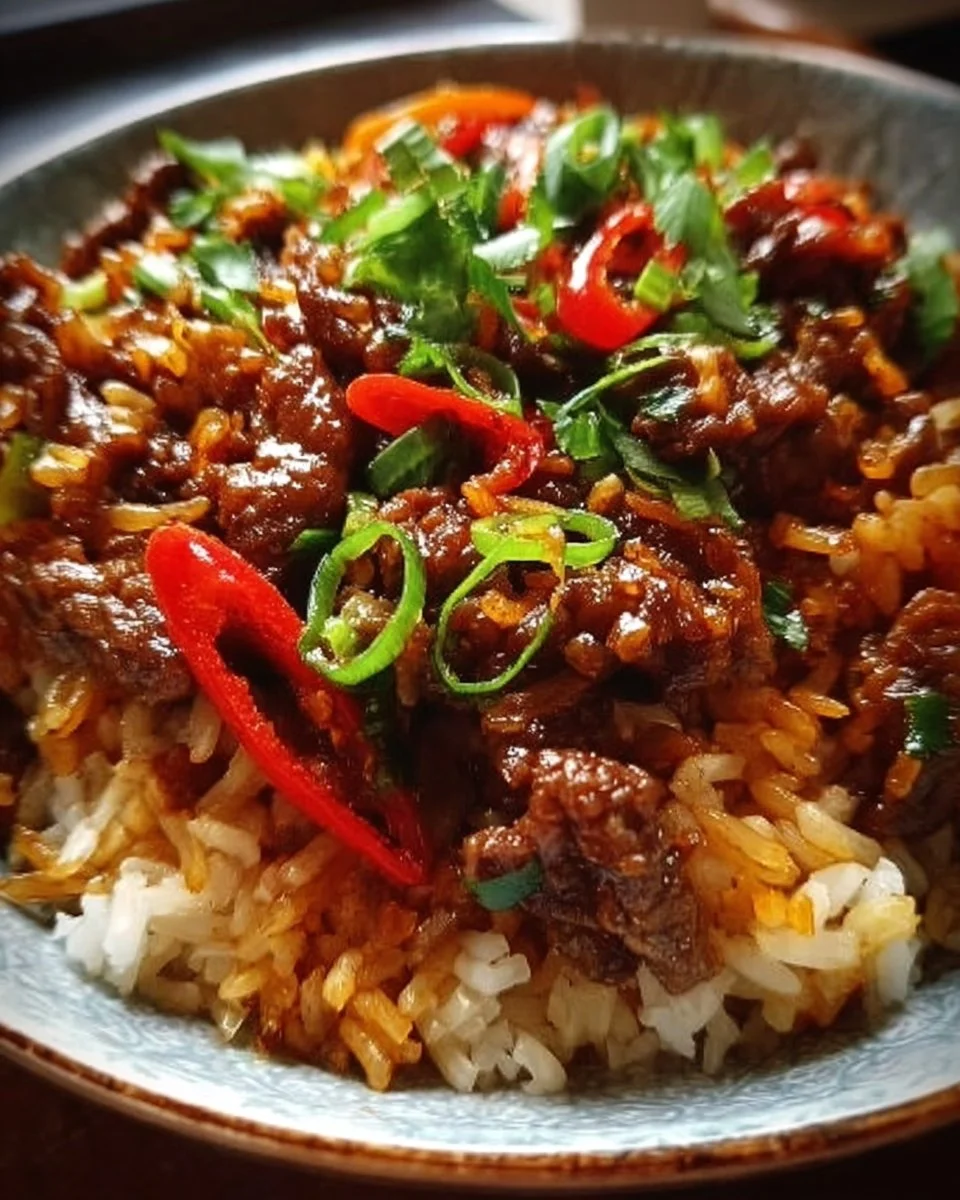 Crispy Chilli Beef Rice with colorful vegetables and enticing spices
