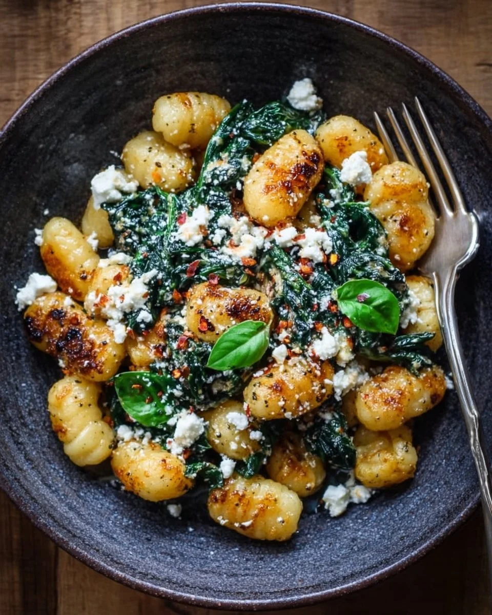 Crispy Gnocchi With Spinach And Feta 1 Crispy gnocchi with spinach and feta on a white plate, garnished with herbs.