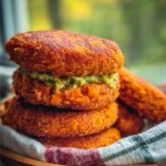 Crispy sweet potato and red lentil patties on a plate