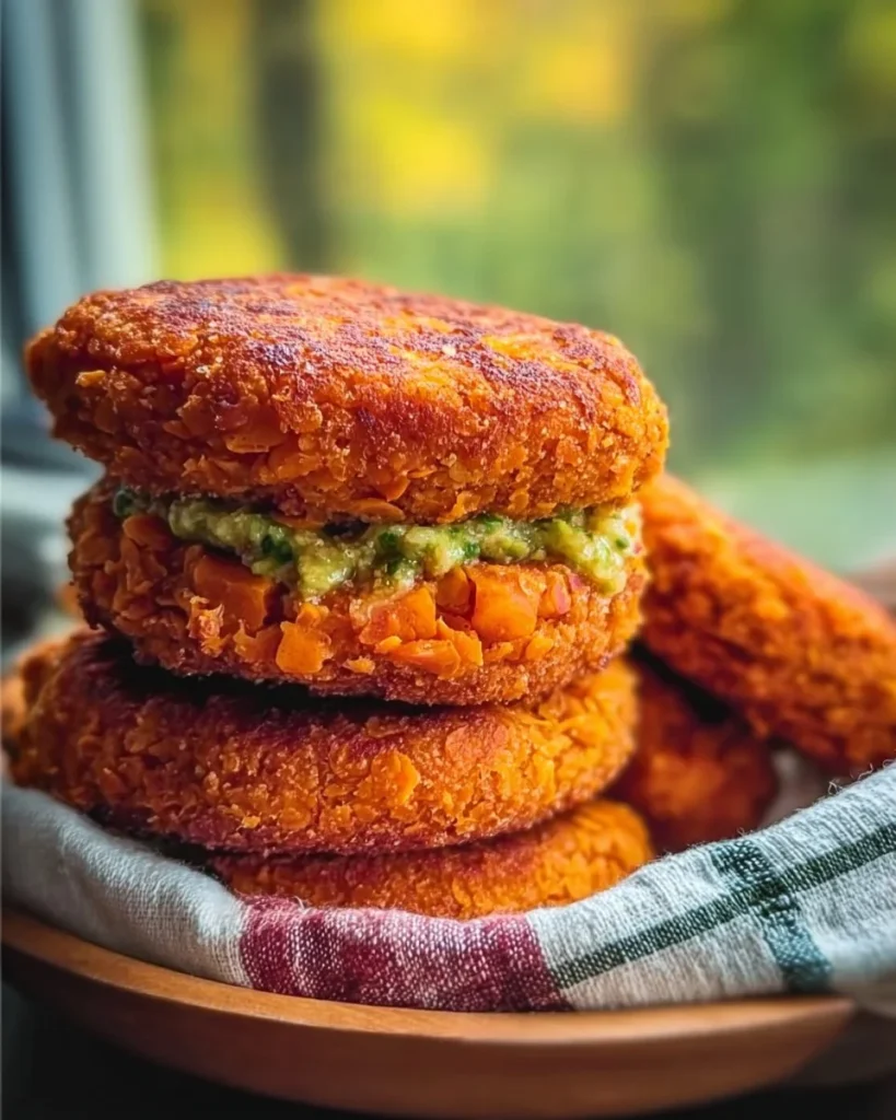 Crispy sweet potato and red lentil patties on a plate