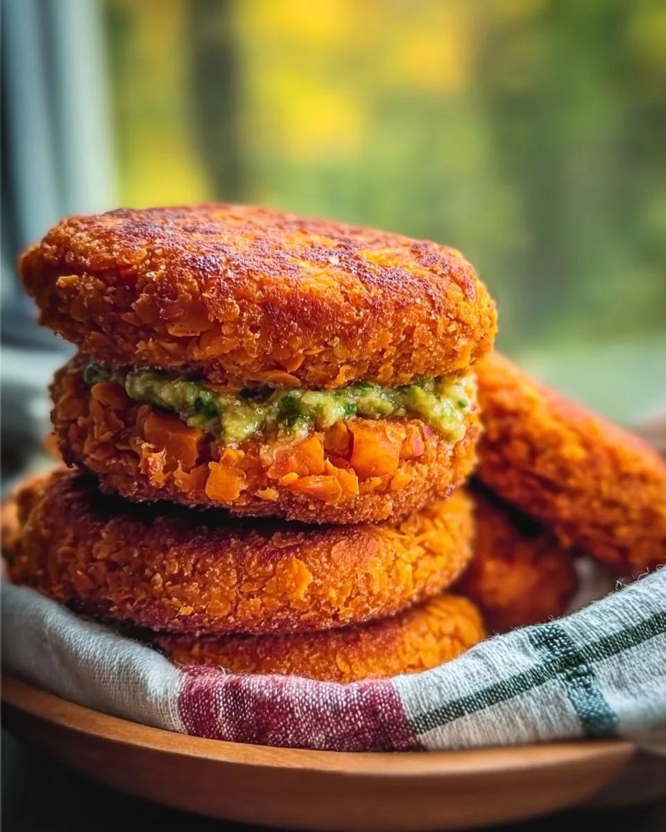 Crispy sweet potato and red lentil patties on a plate