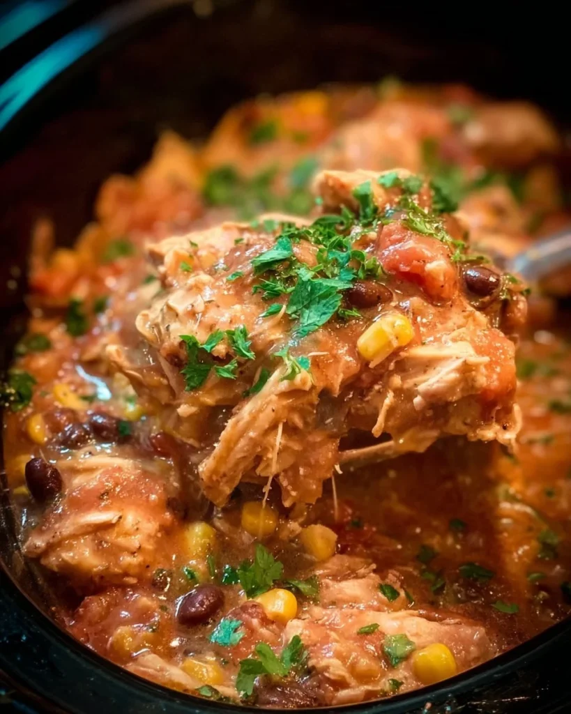 Crock Pot Fiesta Chicken served with rice and vegetables