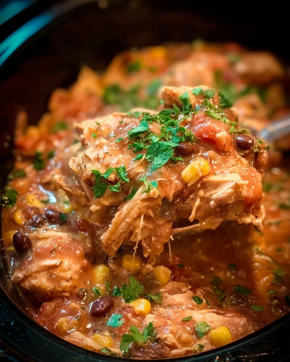 Crock Pot Fiesta Chicken served with rice and vegetables