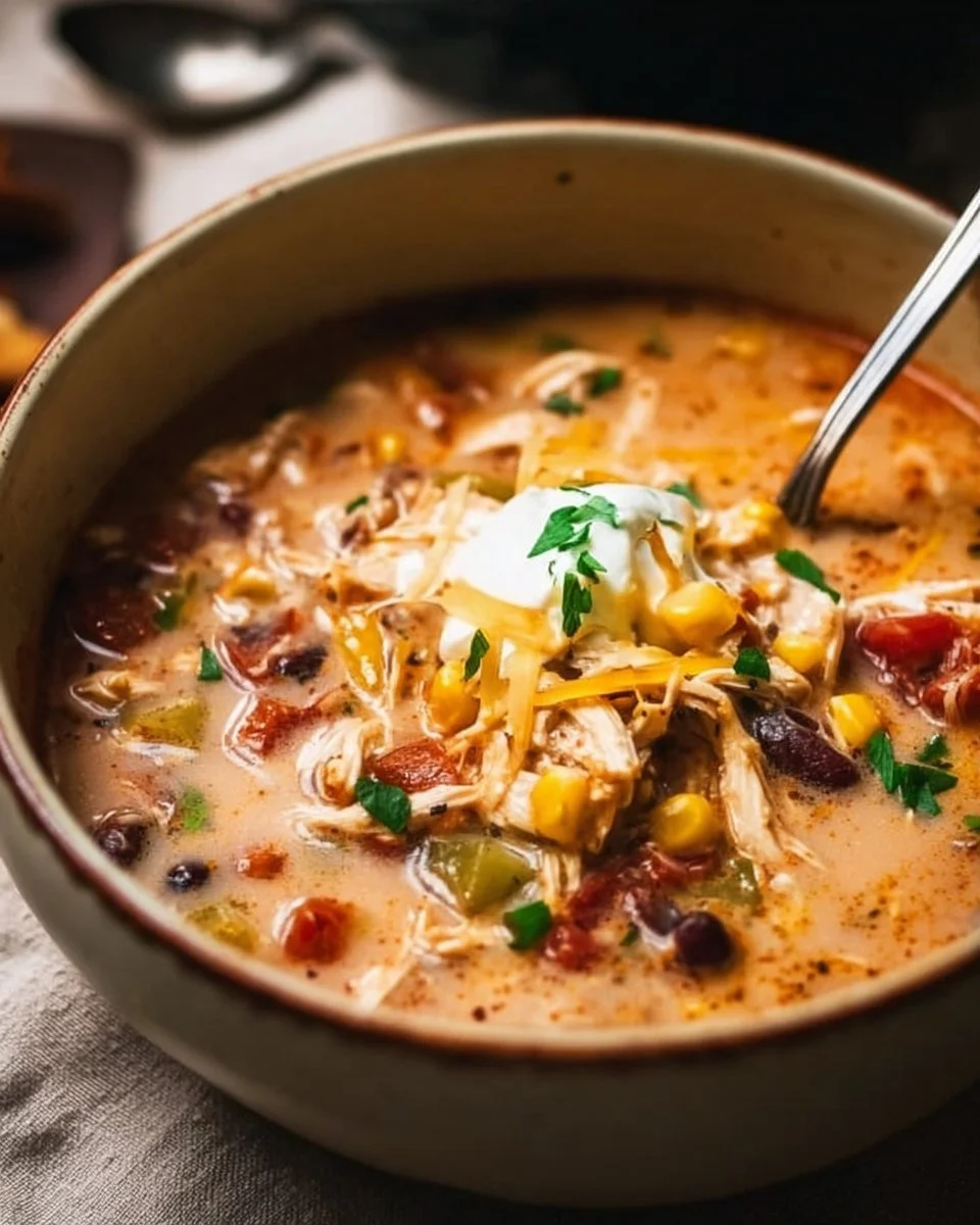 Bowl of easy chicken taco soup garnished with cilantro and lime