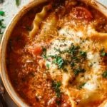 Bowl of easy creamy lasagna soup topped with cheese and herbs
