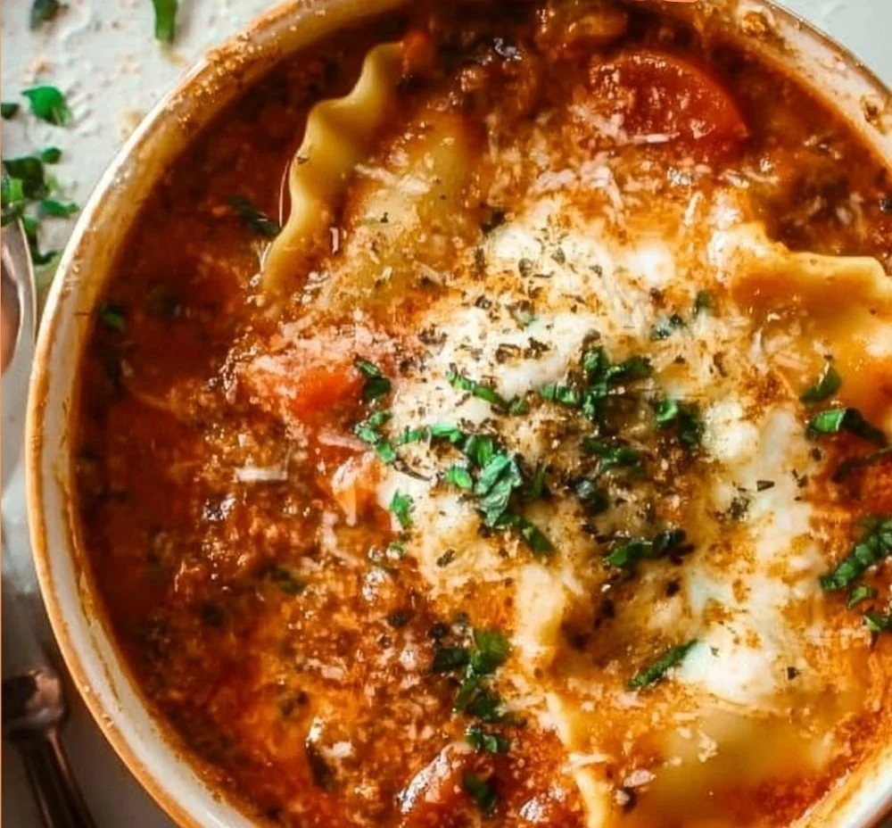 Bowl of easy creamy lasagna soup topped with cheese and herbs
