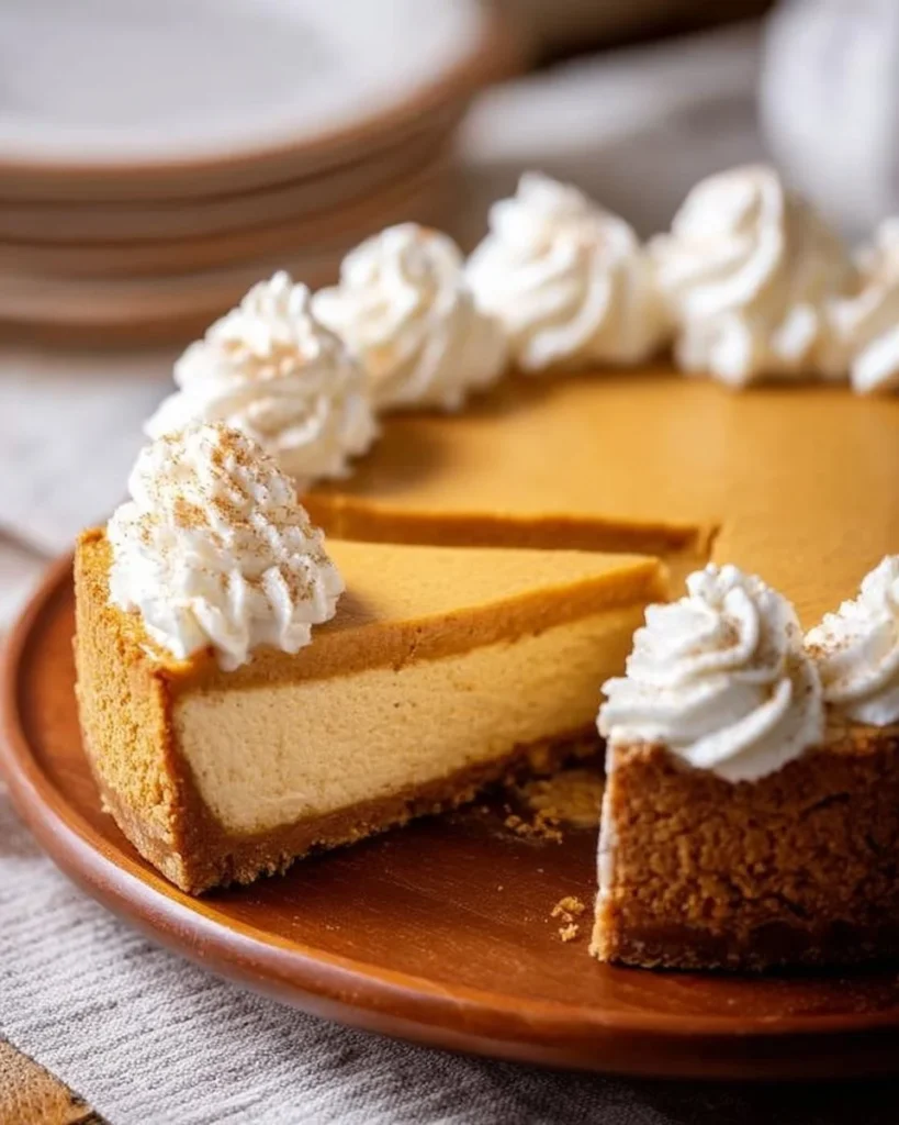 Easy pumpkin pie cheesecake topped with whipped cream and autumn spices