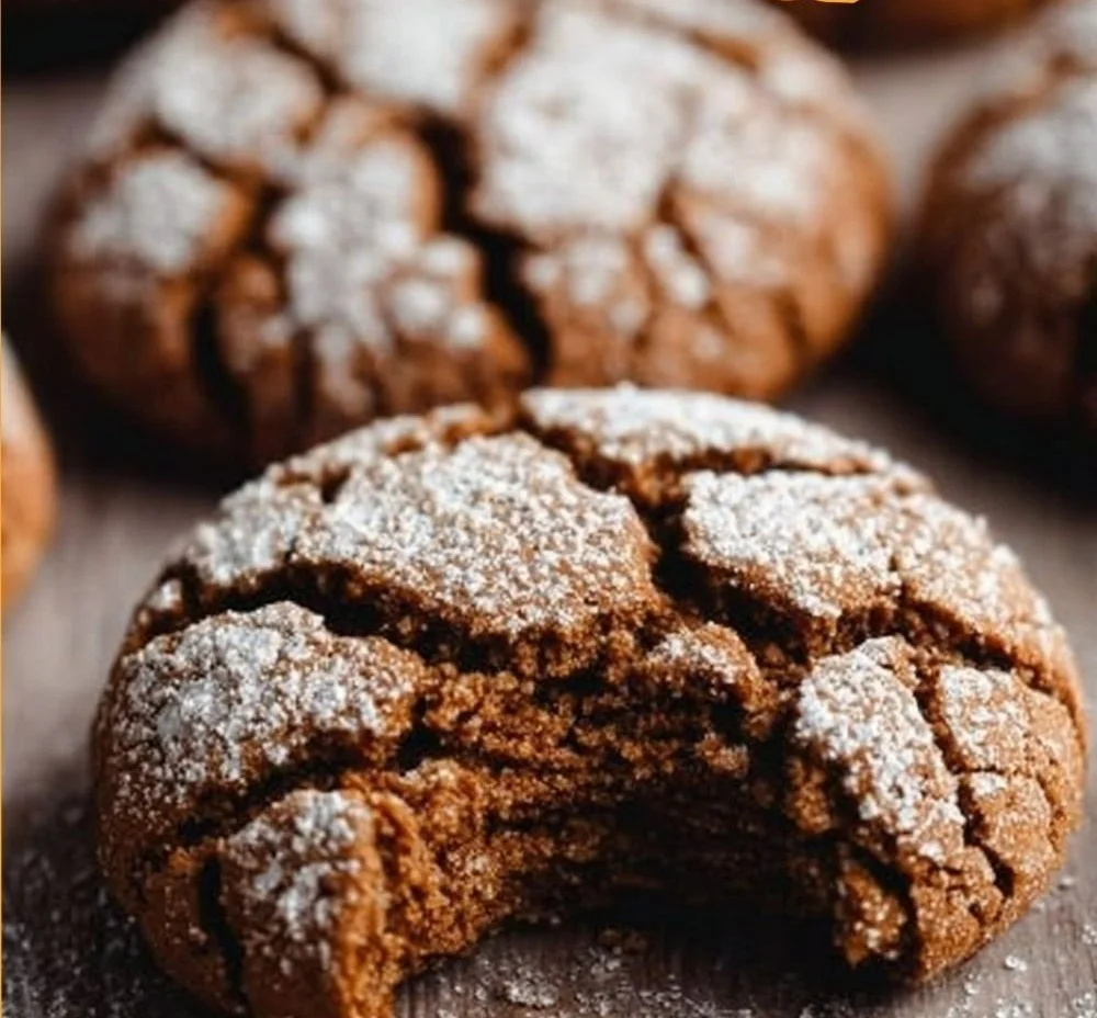 Plate of Gingerbread Crinkle Cookies dusted with powdered sugar