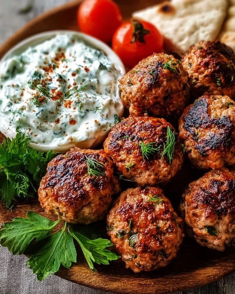 Delicious Greek turkey meatballs served with creamy tzatziki sauce