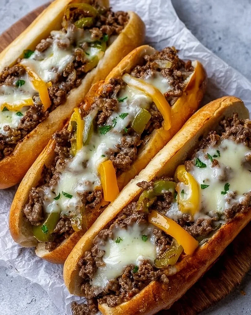 Delicious Ground Beef Philly Cheesesteaks with melted cheese on a toasted roll