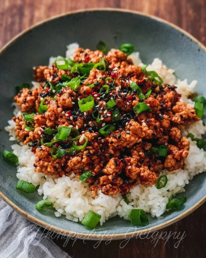 Savory Korean-style ground turkey dish served with vegetables and rice.