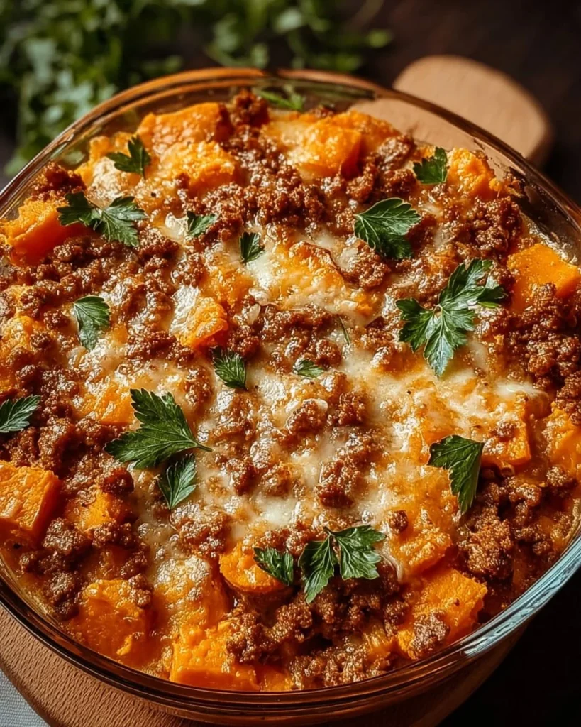 Ground Turkey Sweet Potato Casserole topped with herbs and spices