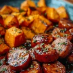 Honey Garlic Sausage with Sweet Potatoes dish, showcasing a savory meal.