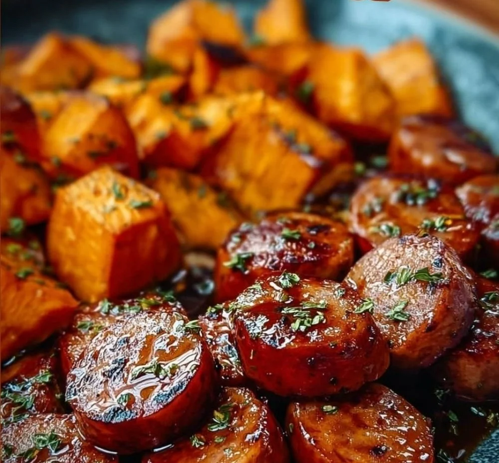 Honey Garlic Sausage with Sweet Potatoes dish, showcasing a savory meal.