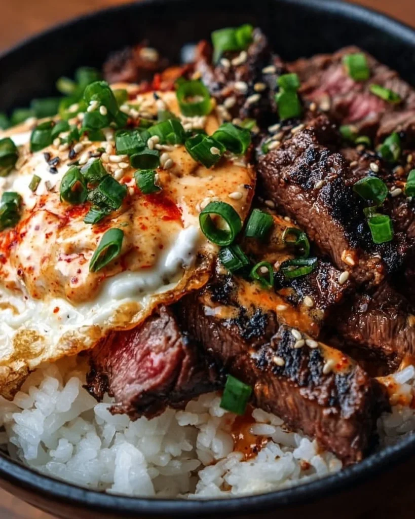 Delicious Korean BBQ steak rice bowl served with fresh vegetables and sauce.