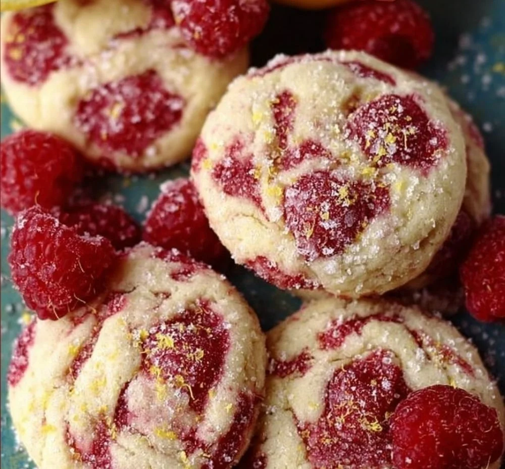 Lemon raspberry cookies drizzled with icing on a plate