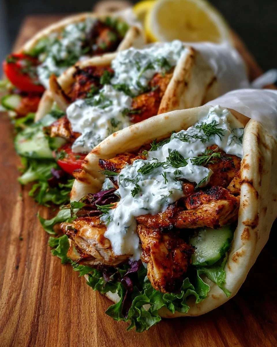 Mediterranean Chicken Gyros served with creamy feta tzatziki sauce.
