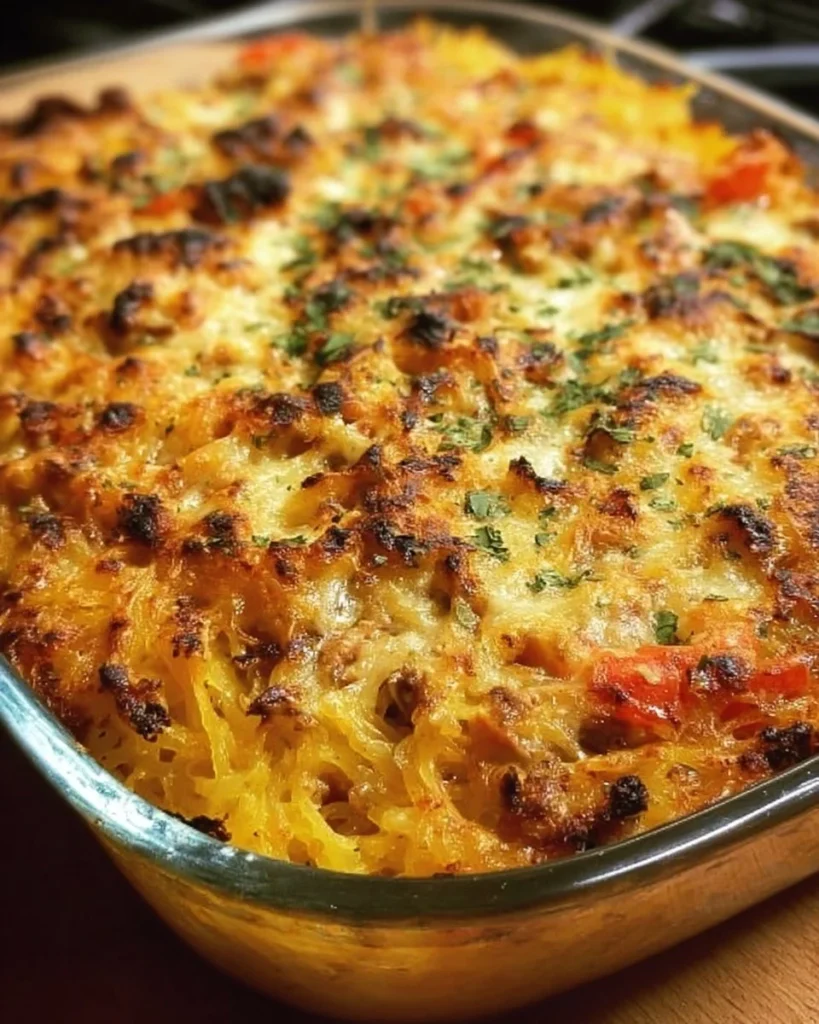 Mexican spaghetti squash casserole topped with cheese and fresh cilantro