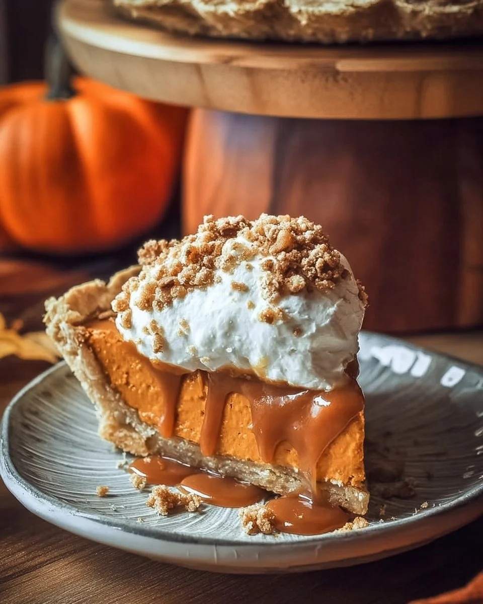 Milk Bar Hilly's Pumpkin Caramel Pie 1 Slice of Milk Bar Hilly's Pumpkin Caramel Pie with caramel drizzle on a plate