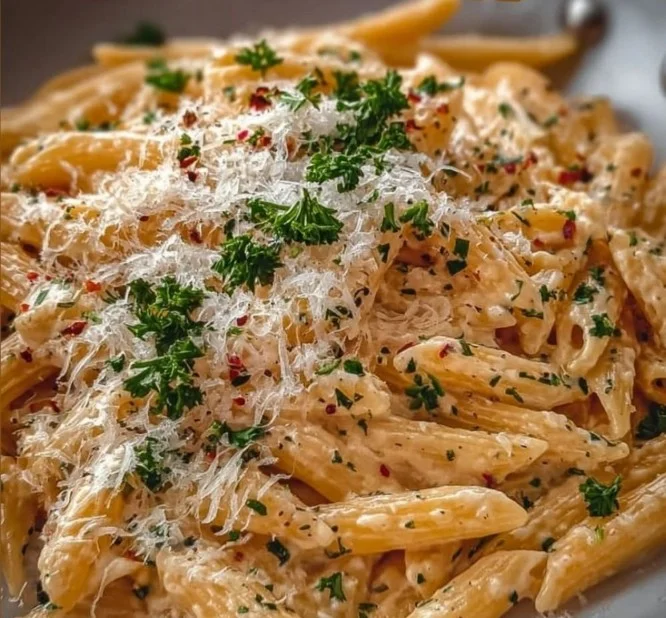 Delicious one pot creamy garlic pasta topped with fresh herbs and cheese