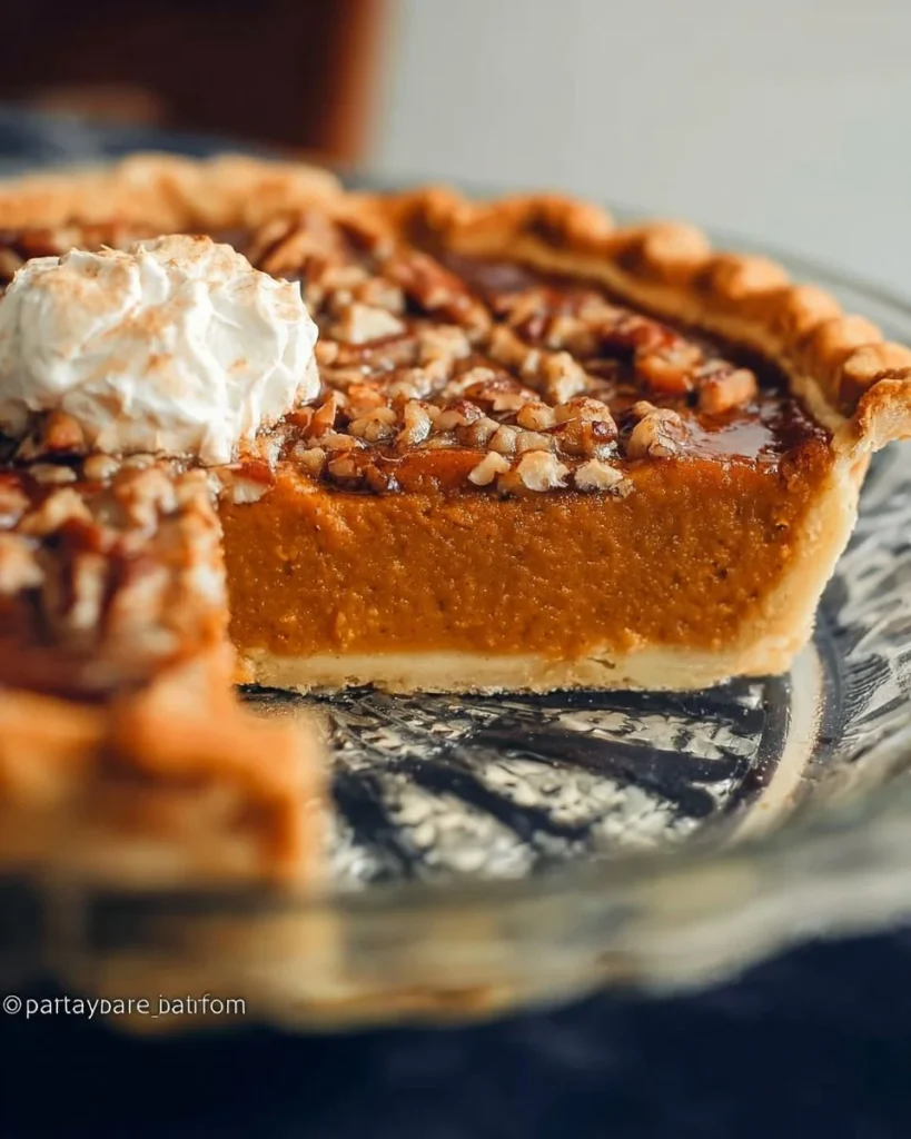 Delicious Praline Pumpkin Pie garnished with pecans and whipped cream
