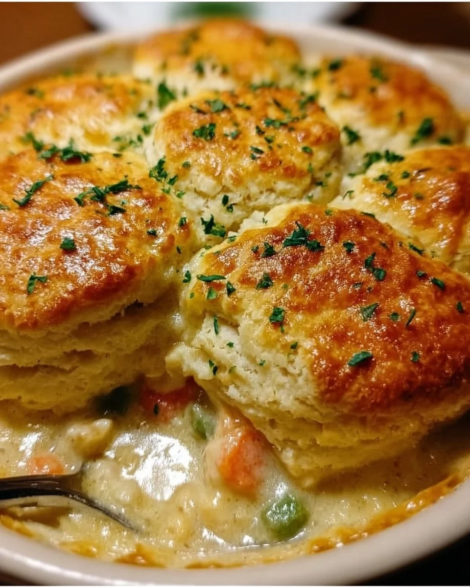 Delicious Red Lobster Biscuit Chicken Pot Pie with flaky biscuits and chicken