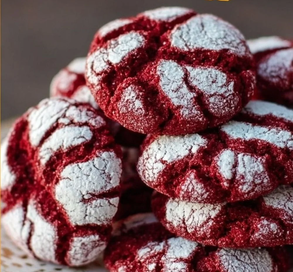 Deliciously vibrant Red Velvet Crinkle Cookies on a cooling rack.