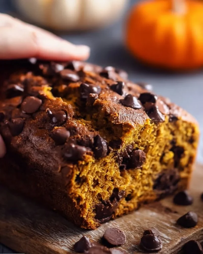 Soft and moist chocolate chip pumpkin bread freshly baked with chocolate chips