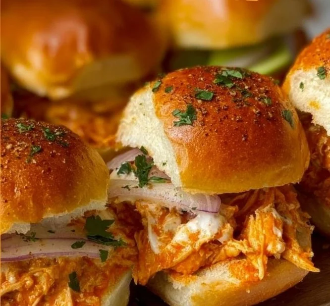 Spicy Buffalo chicken sliders served on a platter with dipping sauce