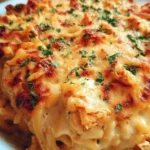 Spicy Southern Cheesy Chicken Spaghetti Casserole served in a baking dish