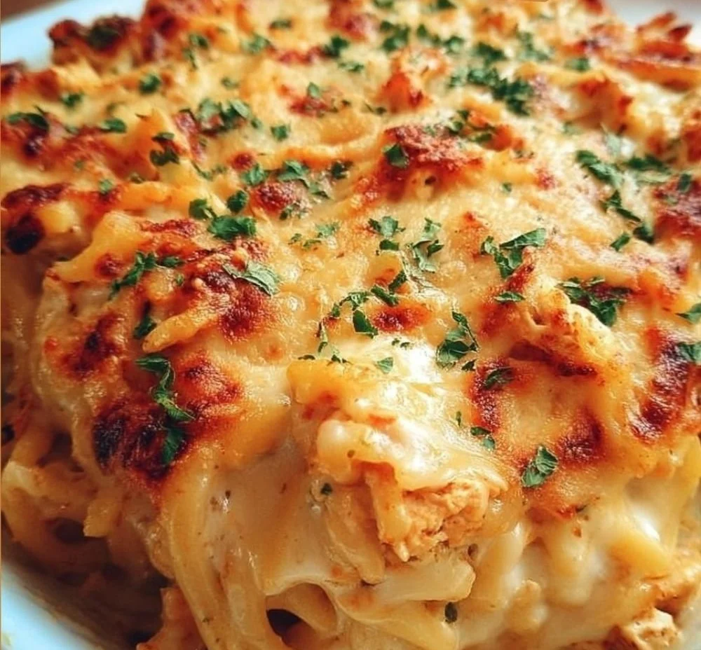 Spicy Southern Cheesy Chicken Spaghetti Casserole served in a baking dish