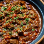 Bowl of spicy steak chili topped with fresh herbs and served with cornbread