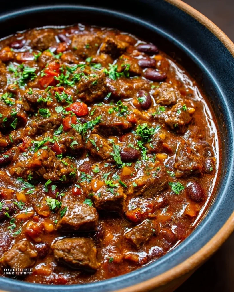 Bowl of spicy steak chili topped with fresh herbs and served with cornbread
