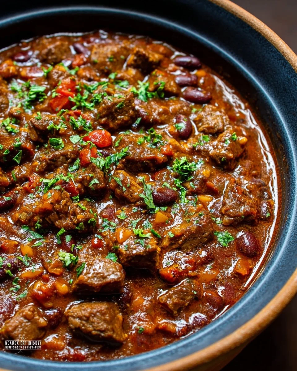 Bowl of spicy steak chili topped with fresh herbs and served with cornbread