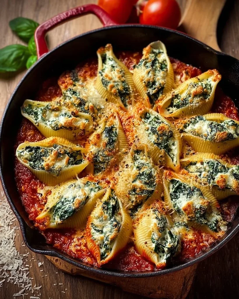 Plate of spinach and ricotta stuffed shells topped with marinara sauce and cheese