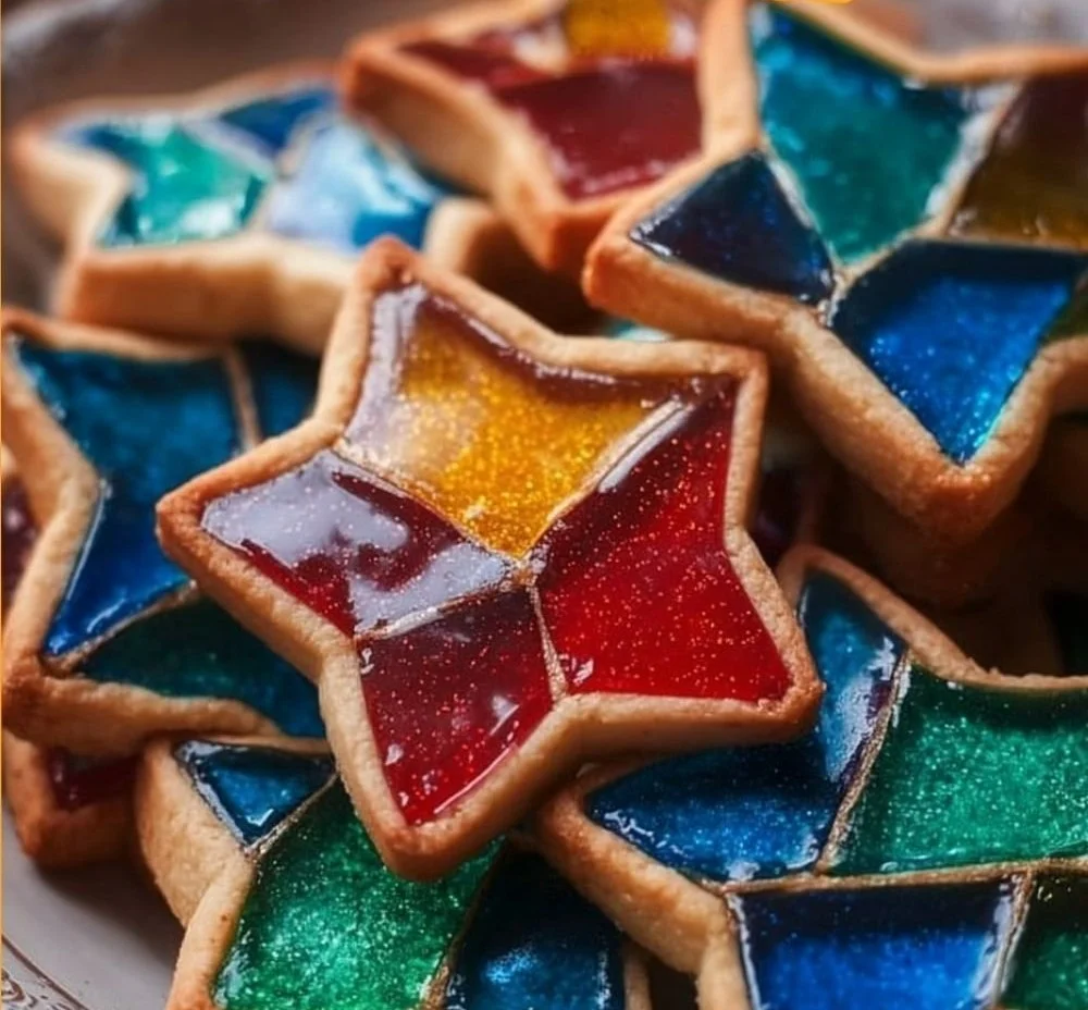 Colorful stained glass cookies decorated for the holiday season